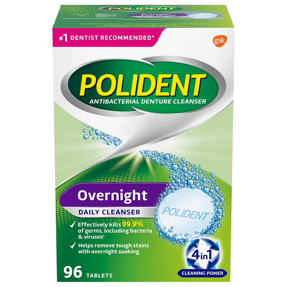 Polident Overnight Daily Denture Cleanser, 4 in 1 Cleaning System, Stain and Plaque Remover, Triple Mint Fresh, 96 Tablets (Packaging May Vary)