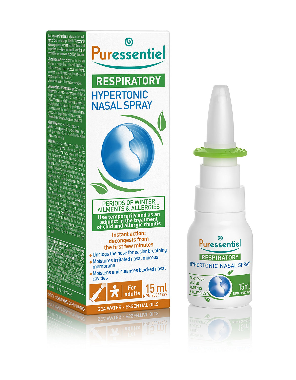 Puressentiel Respiratory Decongestant Nasal Spray - Essential Oil Spray - Clean, Moisturize, and Unblock Congested Nose - Fast-Acting - 15 ml