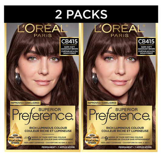 L'Oreal Paris Superior Preference Hair Dye, Hair Color for Women, CB415 Dark Soft Mahogany Brown Hair Dye, Permanent Hair Color, 100% Grey Coverage, 9 weeks of Luminous Fade-Defying, 1 Hair Dye Kit (Pack of 2) (Packaging May Vary)