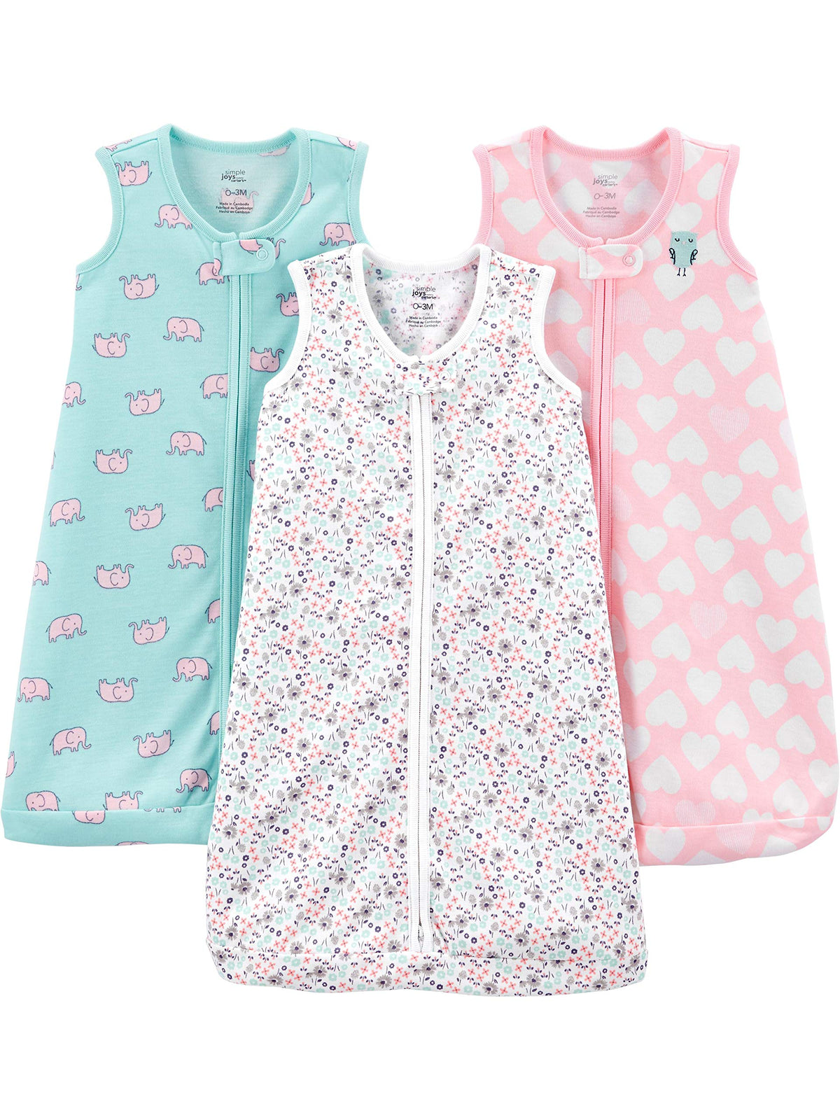 Simple Joys by Carter's Girls' 3-Pack Cotton Sleevless Sleepbag, Hearts/Floral, 0-3 Months