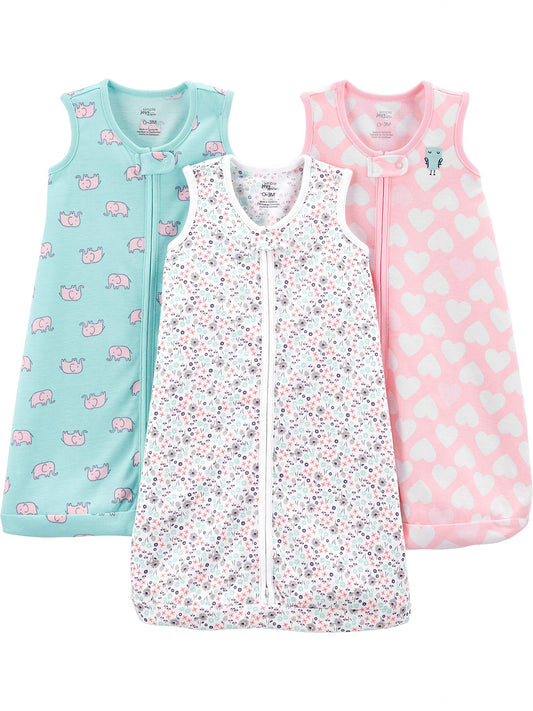 Simple Joys by Carter's Girls' 3-Pack Cotton Sleevless Sleepbag, Hearts/Floral, 0-3 Months