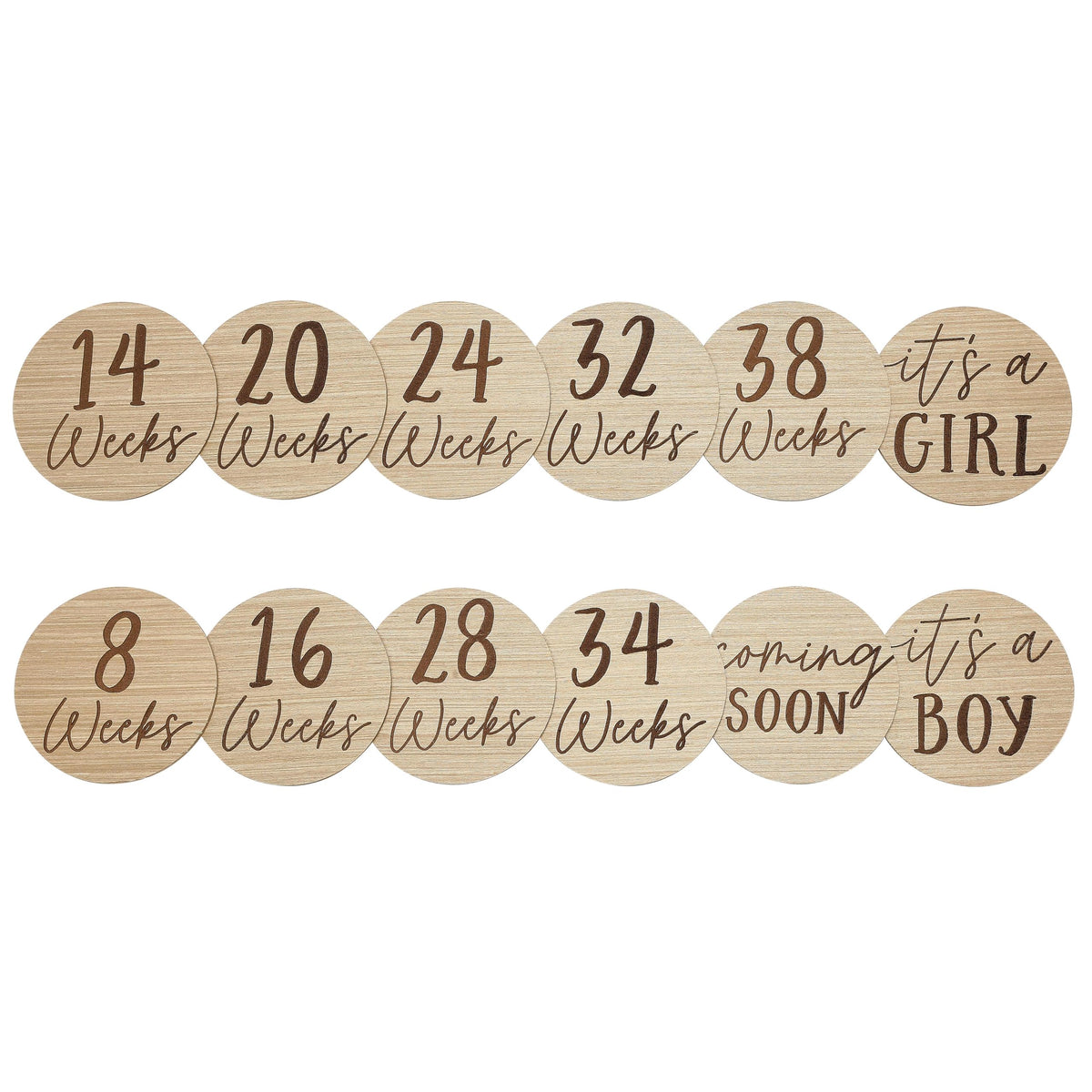 Kate & Milo Weekly Pregnancy Milestone Marker Discs - Classic Cursive Script Wooden Discs With Reversible Photo Props for Baby Announcement and Milestones, Gender-Neutral Gift for Expecting Moms