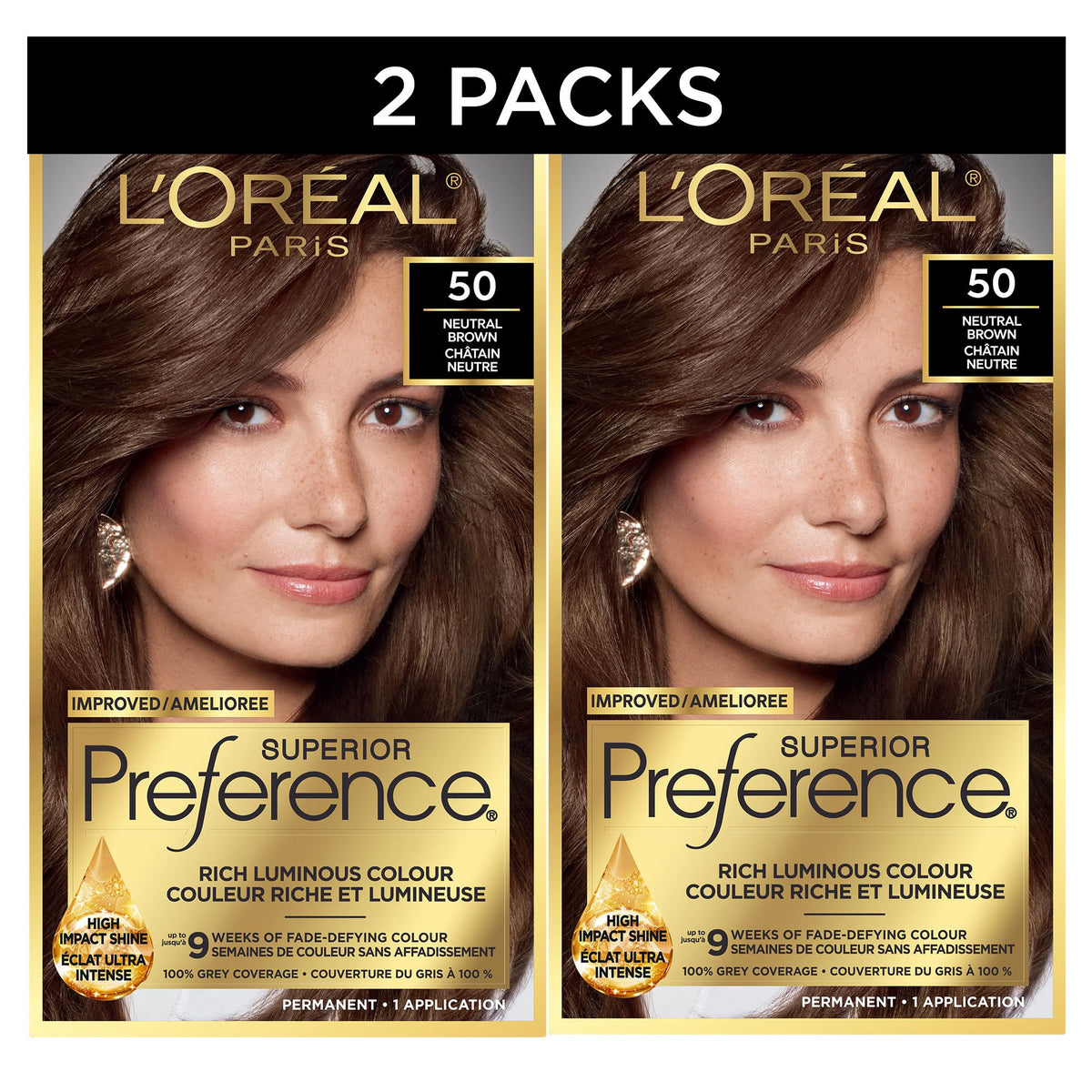L'Oreal Paris Superior Preference Hair Dye, Hair Color for Women, 50 Natural Brown Hair Dye, Permanent Hair Color, 100% Grey Coverage, 9 weeks of Luminous Fade-Defying, 1 Kit (Pack of 2) (Packaging May Vary)
