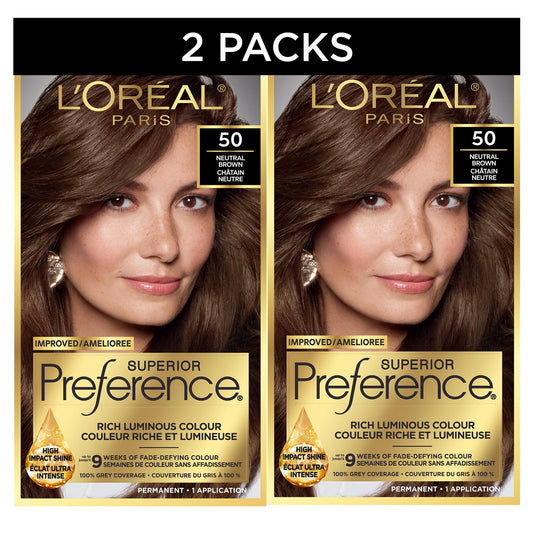 L'Oreal Paris Superior Preference Hair Dye, Hair Color for Women, 50 Natural Brown Hair Dye, Permanent Hair Color, 100% Grey Coverage, 9 weeks of Luminous Fade-Defying, 1 Kit (Pack of 2) (Packaging May Vary)