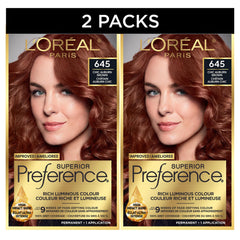 L'Oreal Paris Superior Preference Hair Dye, Hair Color for Women, 645 Chic Auburn Brown Hair Dye, Permanent Hair Color, 100% Grey Coverage, 9 weeks of Luminous Fade-Defying, 1 Hair Dye Kit (Pack of 2) (Packaging May Vary)