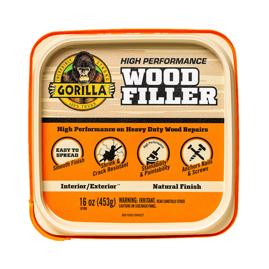 Gorilla High Performance Wood Filler, Stainable & Paintable, Shrink & Crack Resistant, Anchors Nails & Screws, Moldable, Sandable, Natural Color, 453g/16oz, Tub, (Pack of 1)