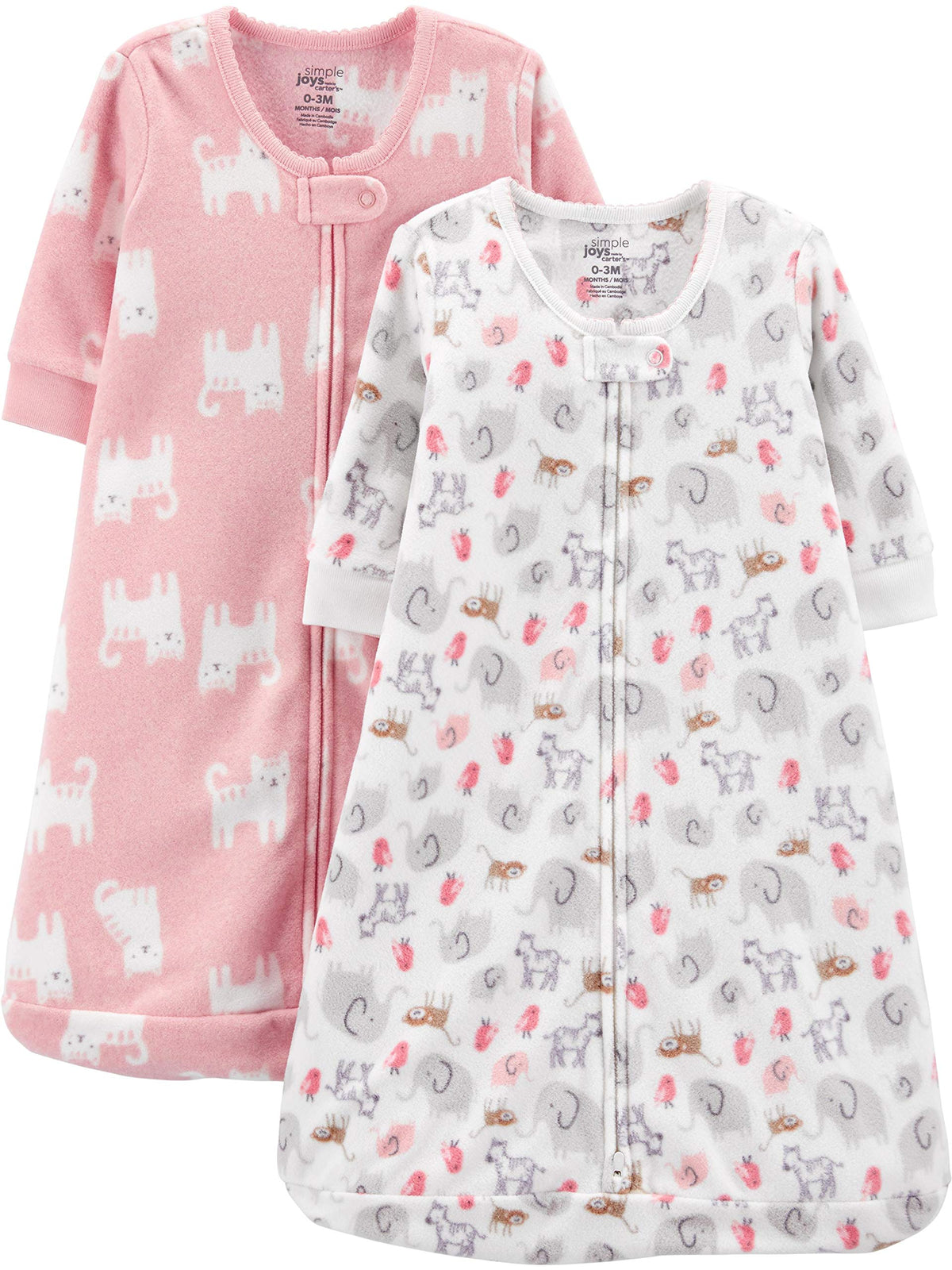Simple Joys by Carter's Unisex Babies' Microfleece Sleepbag Wearable Blanket, Pack of 2, Pink Cat/White Animal, 6-9 Months