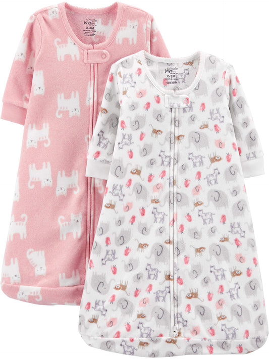 Simple Joys by Carter's Unisex Babies' Microfleece Sleepbag Wearable Blanket, Pack of 2, Pink Cat/White Animal, 0-3 Months
