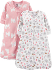 Simple Joys by Carter's Unisex Babies' Microfleece Sleepbag Wearable Blanket, Pack of 2, Pink Cat/White Animal, 0-3 Months