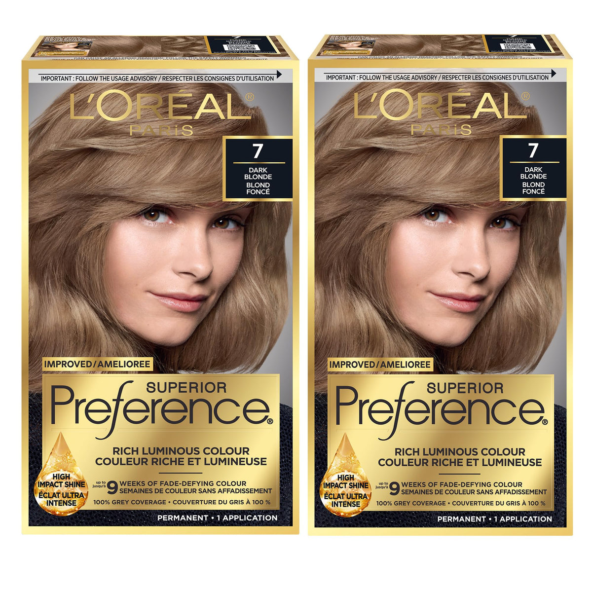 L'Oreal Paris Superior Preference Hair Dye, 7 Dark Blonde, Permanent Color, 100% Grey Coverage, 9 Weeks Luminous Fade-Defying, 1 Kit (Pack of 2)