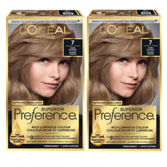 L'Oreal Paris Superior Preference Hair Dye, 7 Dark Blonde, Permanent Color, 100% Grey Coverage, 9 Weeks Luminous Fade-Defying, 1 Kit (Pack of 2)