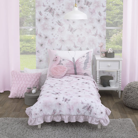 Everything Kids Floral Butterfly Pink, White, & Gray 4Piece Toddler Bed Set - Comforter, Fitted Bottom Sheet, Flat Top Sheet, & Reversible Pillowcase, Pink, White, Grey,