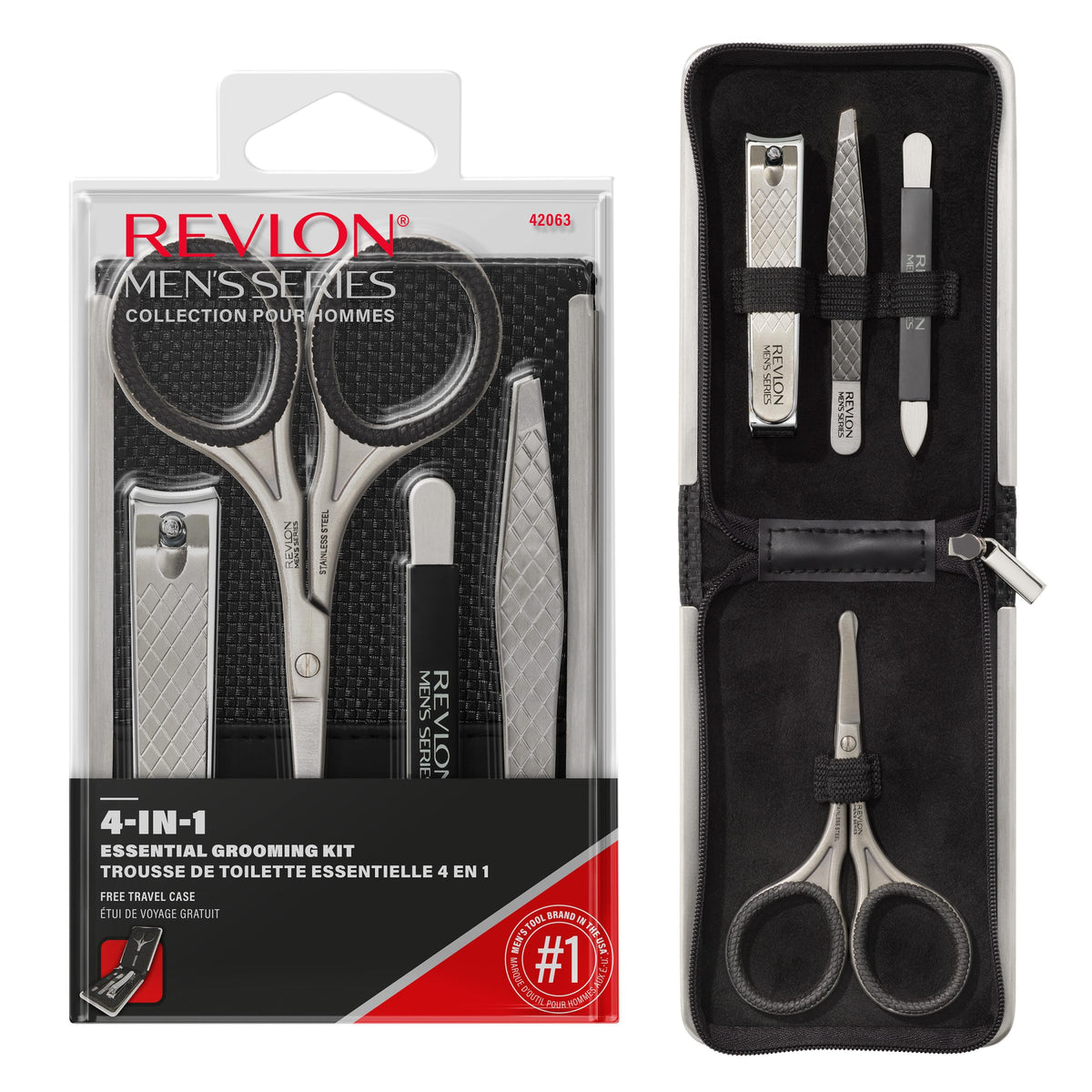 Revlon Men's Grooming Kit, 5-Piece Travel Essentials Set, Includes Nail Clippers, Scissors, File, Tweezers and Carrying Case, Stainless Steel, 1 Pack