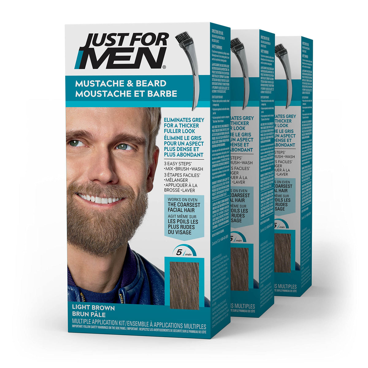 Just For Men Mustache & Beard, Beard Dye for Men with Brush Included for Easy Application, With Biotin Aloe and Coconut Oil for Healthy Facial Hair, Light Brown, M-25 (3 Count), Packaging May Vary