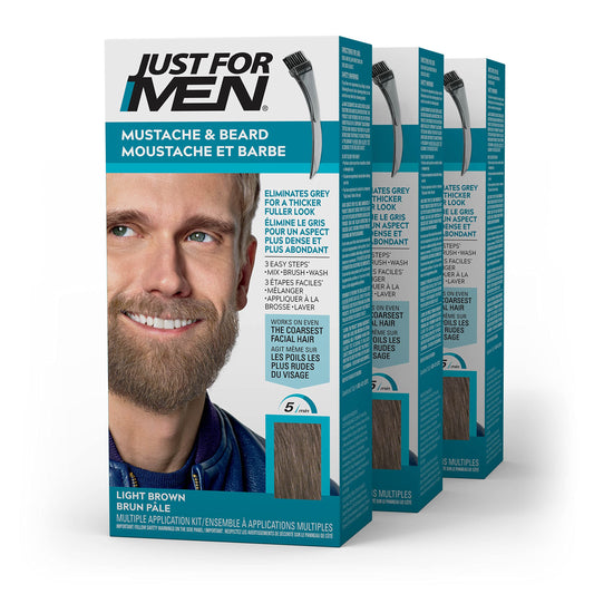 Just For Men Mustache & Beard, Beard Dye for Men with Brush Included for Easy Application, With Biotin Aloe and Coconut Oil for Healthy Facial Hair, Light Brown, M-25 (3 Count), Packaging May Vary