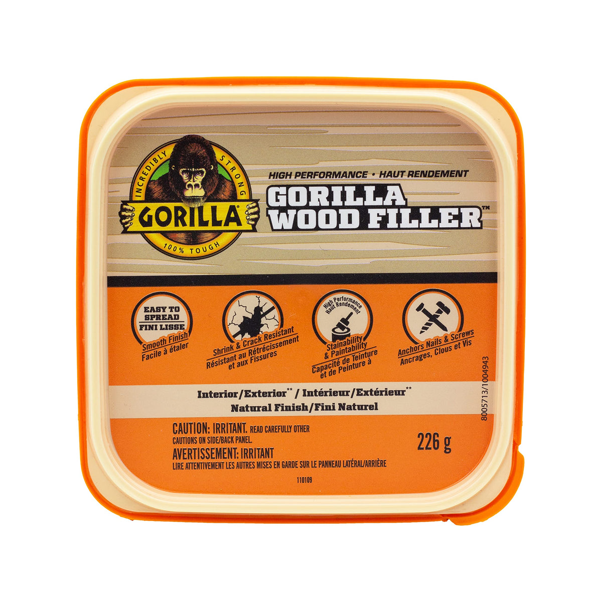 Gorilla All Purpose Wood Filler, Stainable & Paintable, Shrink & Crack Resistant, Anchors Nails & Screws, Moldable, Sandable, Natural Color, 226g/8oz, Tub, (Pack of 1)