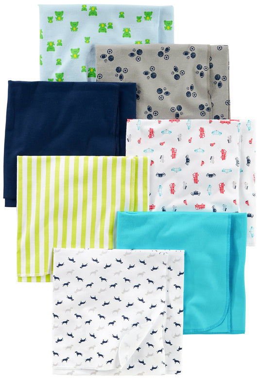 Simple Joys by Carter's Baby Boys' 7-Pack Flannel Receiving Blanket, Blue/White, One Size