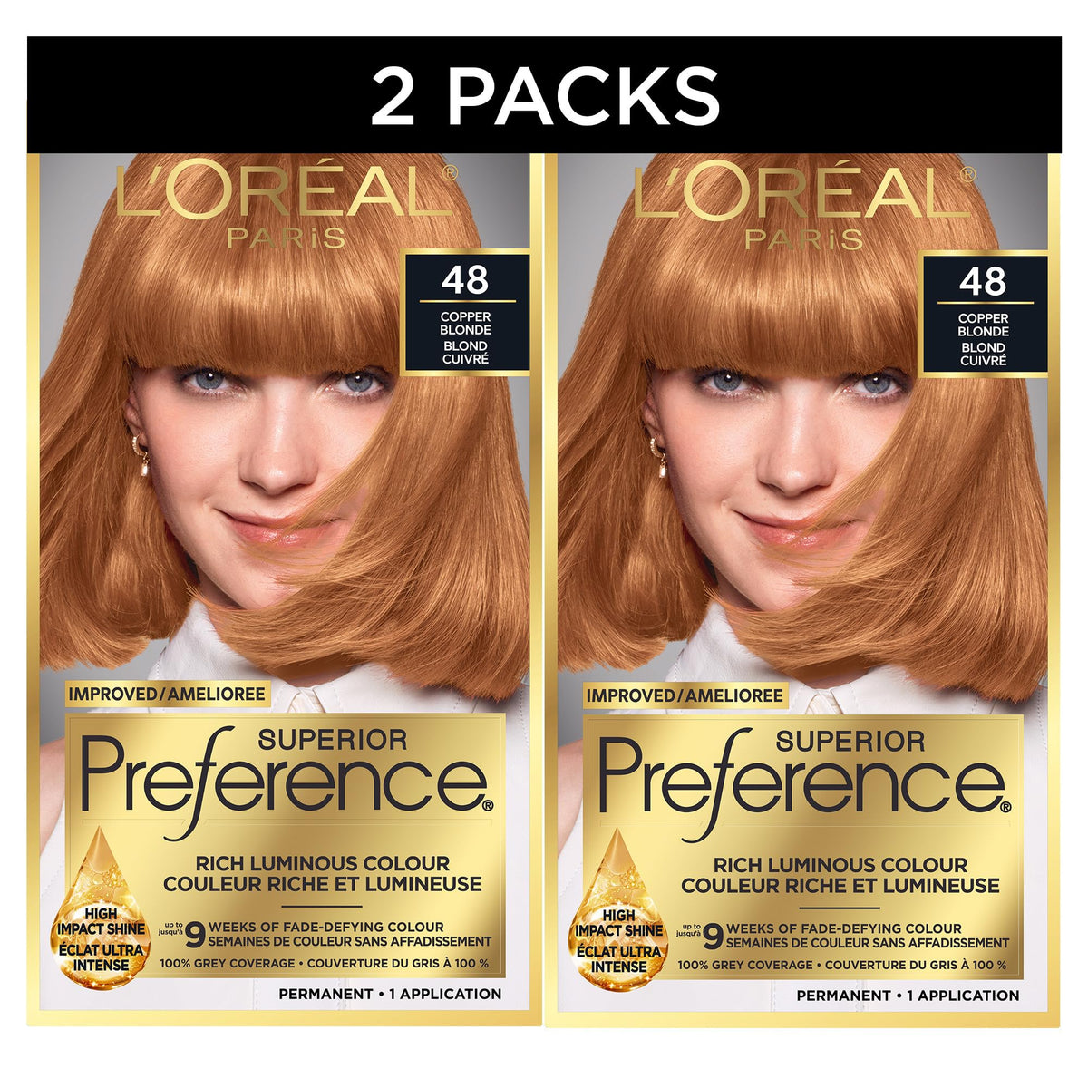 L'Oreal Paris Superior Preference Hair Dye, Hair Color for Women, 48 Copper Blonde, Permanent Hair Color, 100% Grey Coverage, 9 weeks of Luminous Fade-Defying, 1 Hair Dye Kit (Pack of 2)