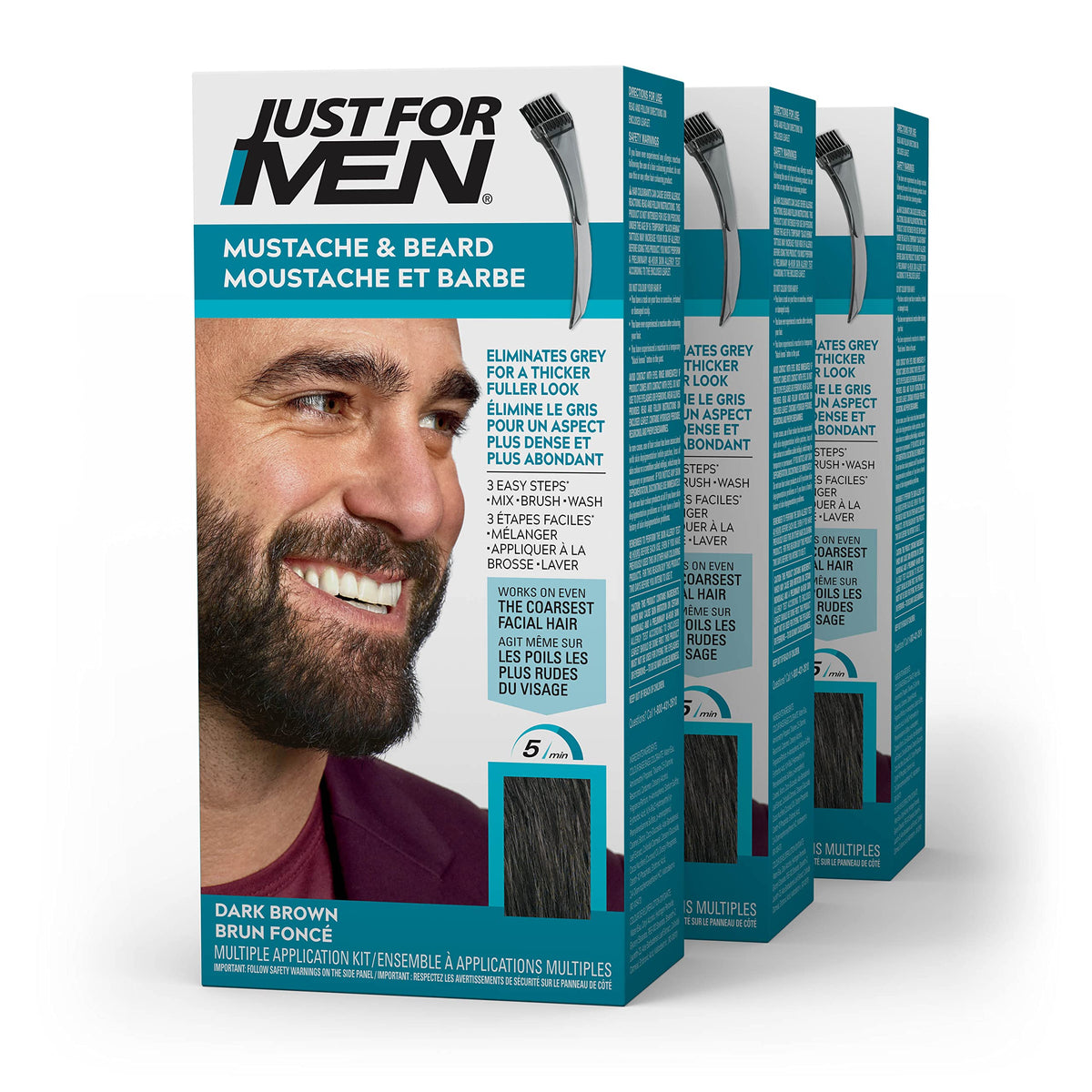 Just For Men Mustache & Beard, Beard Dye for Men with Brush Included for Easy Application, With Biotin Aloe and Coconut Oil for Healthy Facial Hair, Dark Brown, M-45 (3 Count), Packaging May Vary