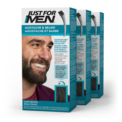 Just For Men Mustache & Beard, Beard Dye for Men with Brush Included for Easy Application, With Biotin Aloe and Coconut Oil for Healthy Facial Hair, Dark Brown, M-45 (3 Count), Packaging May Vary