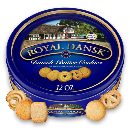 Royal Dansk Danish Butter Cookie Selection, 12 oz Tin – Authentic Assortment of Original Butter Cookies Made with Real Butter, No Preservatives or Artificial Colors, Perfect for Gifting
