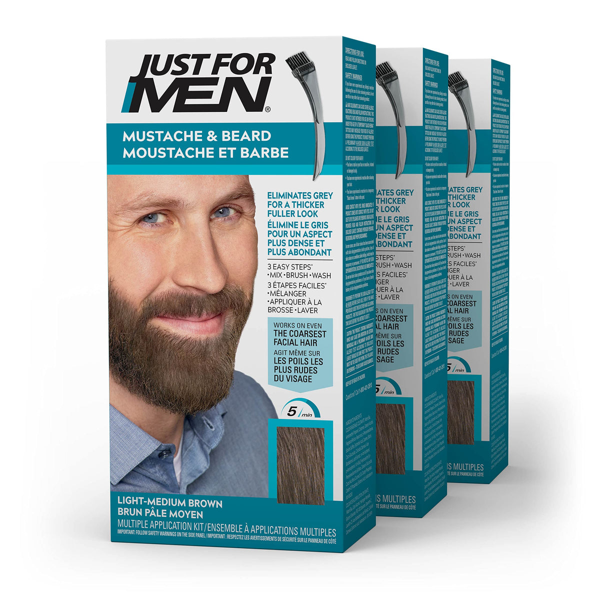Just For Men Mustache & Beard, Beard Dye for Men with Brush Included for Easy Application, With Biotin Aloe and Coconut Oil for Healthy Facial Hair, Light-Medium Brown, M-30 (3 Count), Packaging May Vary