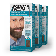 Just For Men Mustache & Beard, Beard Dye for Men with Brush Included for Easy Application, With Biotin Aloe and Coconut Oil for Healthy Facial Hair, Light-Medium Brown, M-30 (3 Count), Packaging May Vary
