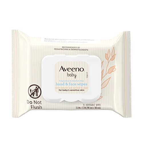 Aveeno Baby Hand & Face Baby Wipes with Oat Extract and Aloe, Fragrance-Free Wipes for Sensitive Skin, Free of Sulfates, Alcohol, and Parabens 25 Count (Pack of 4)