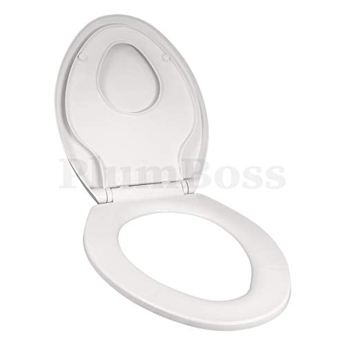 PlumBoss E2000 Elongated Toilet Seat with Built in Potty Training Toddlers Seat Magnetic Kids Seat Fits Both Adult and Child Plastic Off White