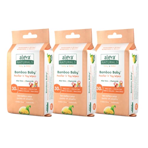 Aleva Naturals Bamboo Baby Pacifier and Toy Wipes - Natural and Organic Ingredients with Lemon Oil, Safely Cleans Bottles, Nipples, Cups, Extra Strong and Ultra Soft - Value Pack- 30ct x 3 (90 Wipes Total)