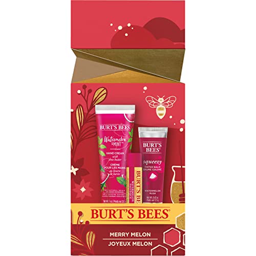 Burt's Bees Merry Melon set with Watermelon Moisturizing Lip Balm, Watermelon Rush Squeezy Tinted Balm and Watermelon and Mint Hand Cream, 3 Assorted Products, Holiday Gift