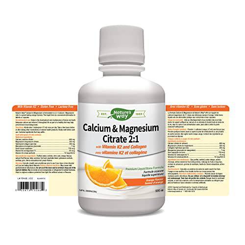 Nature's Way Calcium and Magnesium Citrate 2:1 - Liquid Supplement with Vitamin D3, Vitamin K2 and Collagen – Helps Support the Maintenance of Bones and Teeth – Orange Flavour, 500 mL