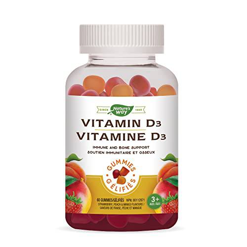 Nature's Way Vitamin D Gummies - Immune and Bone Support - 1000 IU Vitamin D3 per gummy - Strawberry, Peach and Mango Flavoured Gummies - 60 Gummies