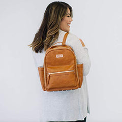 Itzy Ritzy Mini Diaper Bag Backpack & Chic Mini Diaper Bag Backpack with Vegan Leather Changing Pad, 8 Total Pockets (4 Internal and 4 External), Grab-Top Handle and Rubber Feet, Cognac