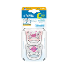 Dr. Brown's PreVent Pacifiers – Glow-In-The-Dark, Stage 2, 6-18 months, 2 Pack, Pink Dinosaur and Planet
