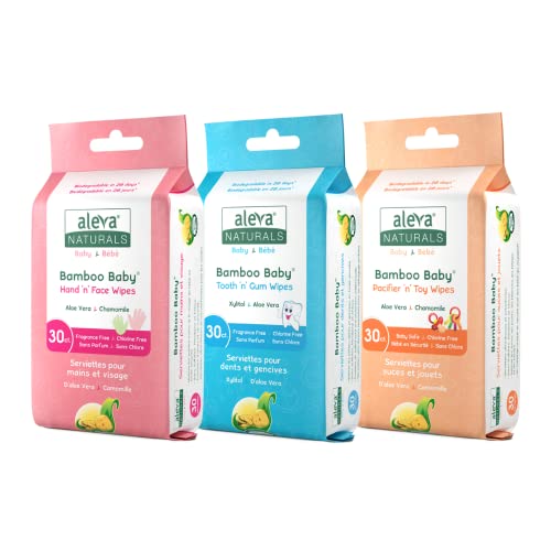 Aleva Naturals Bamboo Baby Wipes Daily Essentials Pack, Hand & Face, Pacifier & Toy, Tooth 'n' Gum Wipes, Natural, Organic, Plant-Based, Hypoallergenic, Biodegradable Unbleached
