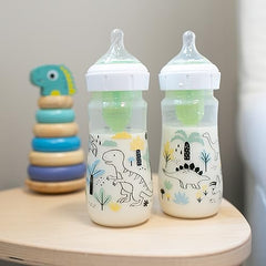 Dr. Brown's Natural Flow Anti-Colic Options+ Wide-Neck Baby Bottle Designer Edition Bottles, Dino Decos, 9oz/270mL, Level 1 Nipple, 2-Pack, 0m+