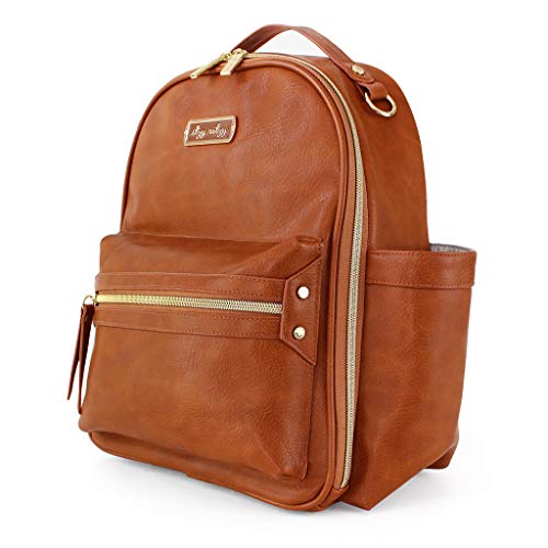 Itzy Ritzy Mini Diaper Bag Backpack & Chic Mini Diaper Bag Backpack with Vegan Leather Changing Pad, 8 Total Pockets (4 Internal and 4 External), Grab-Top Handle and Rubber Feet, Cognac