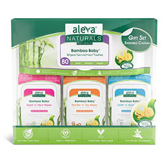 Aleva Naturals Bamboo Baby Wipes Set with Pacifier & Toy, Nose 'n' Blows, Tooth 'n' Gum & Diaper Wipes - Plant-Based Natural and Organic Formula, Hypoallergenic, Biodegradable, Unbleached, 4 Piece Set
