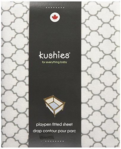 Kushies Pack N Play Playard Sheet, Soft 100% breathable cotton flannel, Made in Canada, White/Grey Ornament