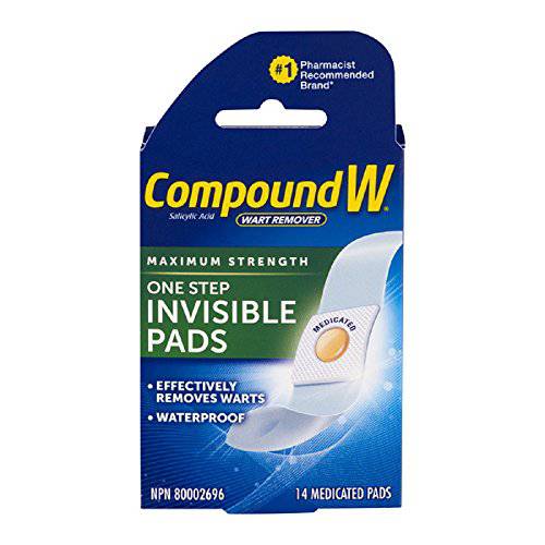 Compound W Wart Remover, Maximum Strength One Step Invisible Pads - 14 Count - Salicylic Acid Wart Remover, For Common/Plantar Wart Removal