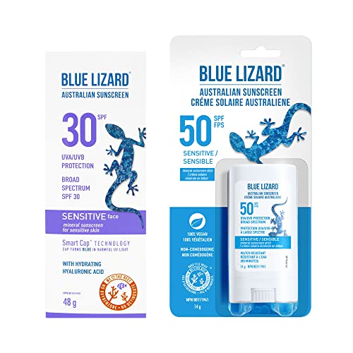 BLUE LIZARD Sensitive Skin Sunscreen Combo Pack for Face, SPF30 Mineral Sunscreen for Face, Fragrance-Free Sunscreen Lotion for Sensitive Skin, SPF 50 Sunscreen Stick, 2 Count, 48g Tube and 14g Stick