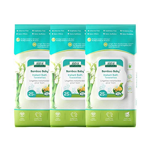 Aleva Naturals Hypoallergenic Bamboo Baby Instant Bath Towelettes Wipes for Babies and Toddlers with Sensitive Skin, Biodegradable, Extra Large and Ultra-Soft - Value Pack- 3 X 25 Count= 75 Wipes