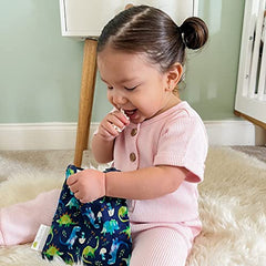 ITZY RITZY Reusable Snack Bag – 7” x 7” BPA-Free Snack Bag is Food Safe, Washable and Ideal for Storing Snacks, Pacifiers, Electronics and Makeup in a Diaper Bag, Purse or Travel Bag, Blue Dinosaur
