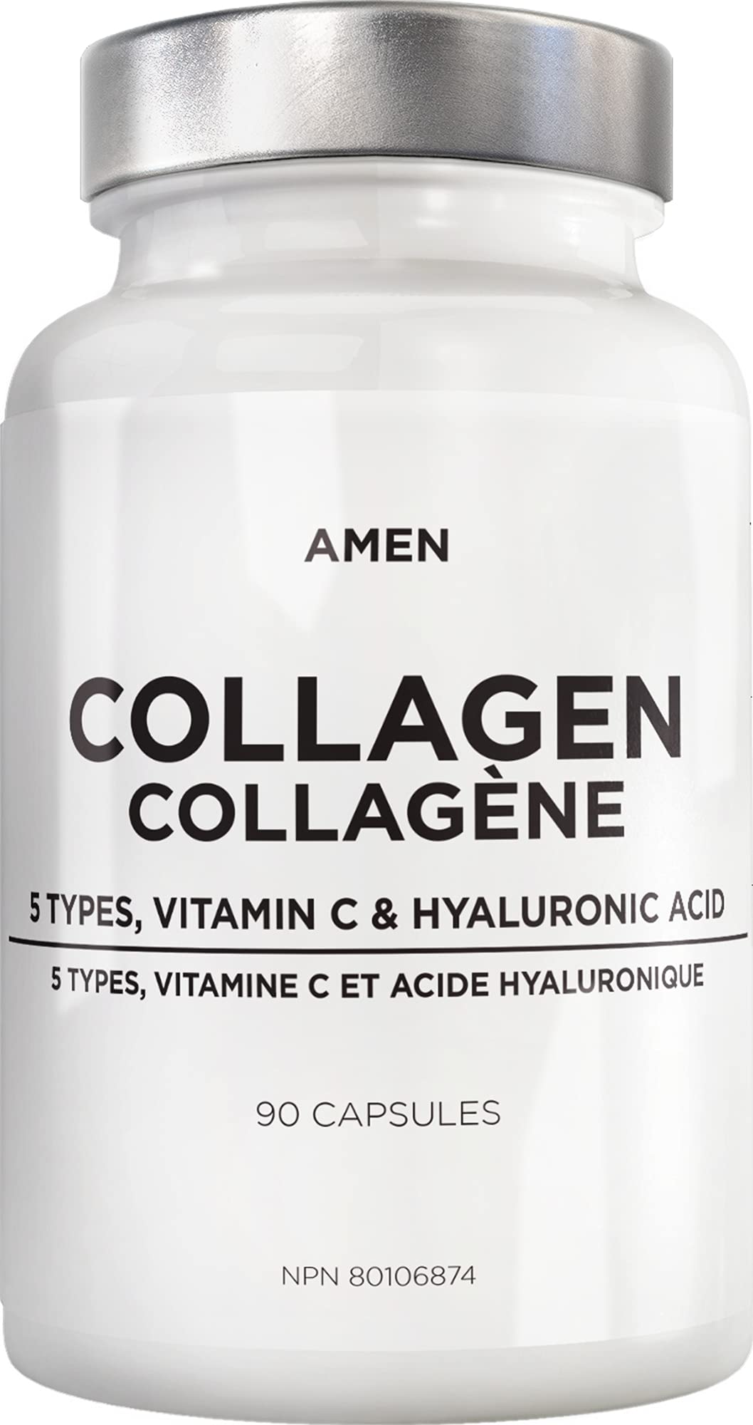 Amen Multi Collagen Peptides Capsules with Hyaluronic Acid and Vitamin C - 5 Types of Grass Fed Hydrolyzed Collagen Protein Type I, II, III, V, X - Amino Acids - Collagen Supplement - 90 Pills