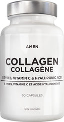 Amen Multi Collagen Peptides Capsules with Hyaluronic Acid and Vitamin C - 5 Types of Grass Fed Hydrolyzed Collagen Protein Type I, II, III, V, X - Amino Acids - Collagen Supplement - 90 Pills