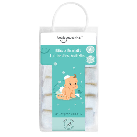 Baby Works Ultimate Bamboo Washcloths - Soft, Absorbent, Hypoallergenic Baby Washcloths Made with Rayon from Bamboo Fibers - Machine Washable - Pack of 6