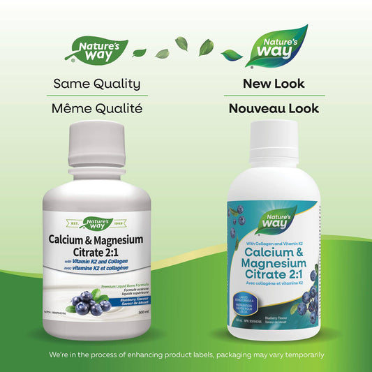 Nature's Way Calcium and Magnesium Citrate 2:1 - Liquid Supplement with Vitamin K2 and Collagen – Helps Support the Maintenance of Bones and Teeth – Blueberry Flavour, 500 mL