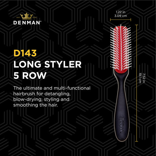 Denman Curly Hair Brush D143-5 Row Styling Mini Brush With Long Handle for Detangling, Separating, Shaping and Defining Curls and Smoothing Hair- For Women and Men