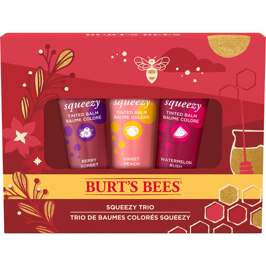 Burt's Bees Squeezy Trio Squeezy Tinted Balm with Berry Sorbet, Sweet Peach, Watermelon Rush, Holiday Gift